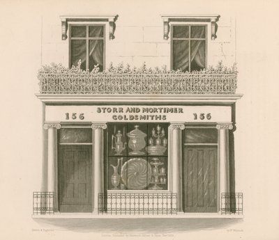 Ionische stijl winkelpui van Messrs Storr en Mortimer, goudsmeden en juweliers, No 156, Bond Street, Londen door Nathaniel Whittock